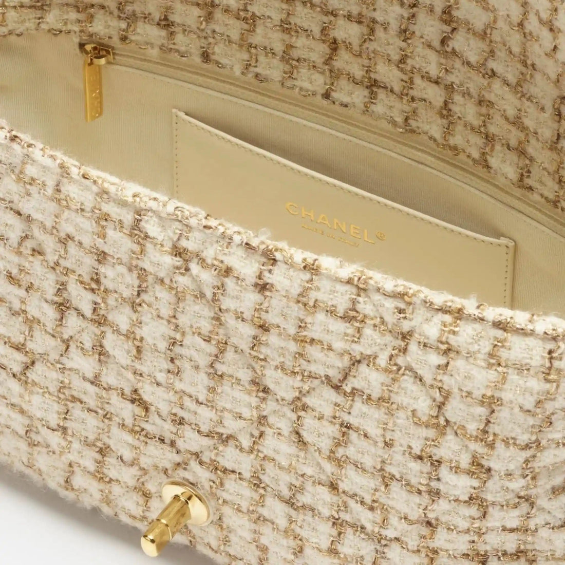 Large Flap Bag Tweed &amp; Gold Metal Ecru Beige &amp; Gold