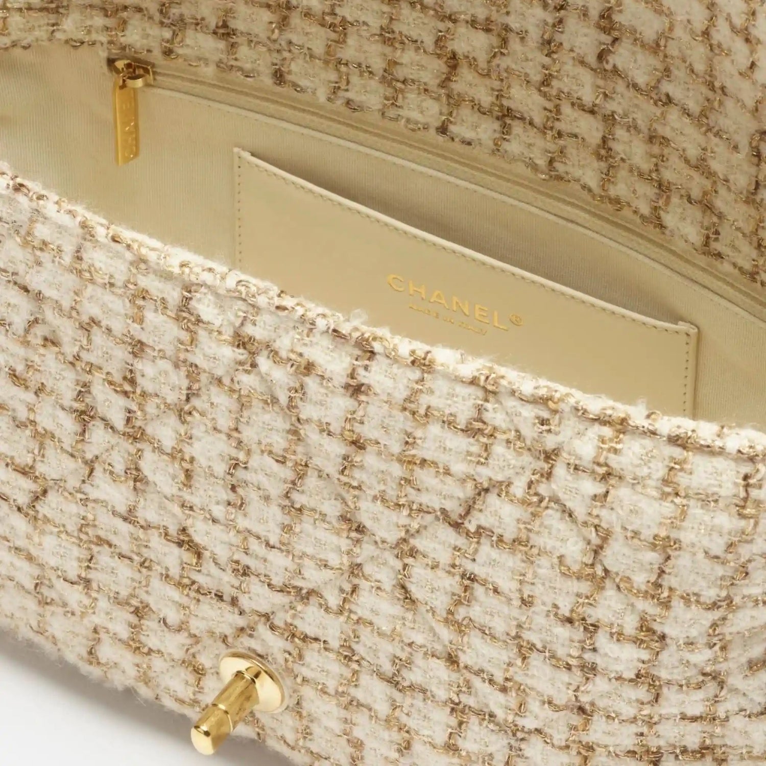 Large Flap Bag Tweed &amp; Gold Metal Ecru Beige &amp; Gold