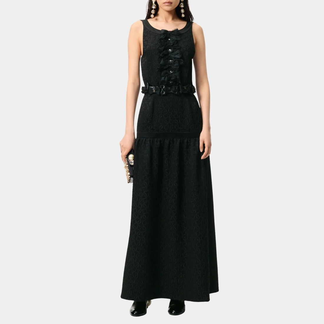 Long Dress Jacquard Silk Crepe Embroidered with Pearls