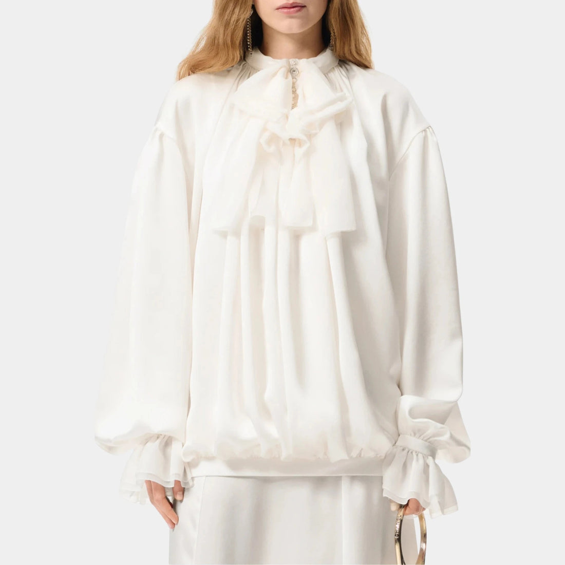 Long Sleeve Blouse Silk satin embroidered with imitation pearls