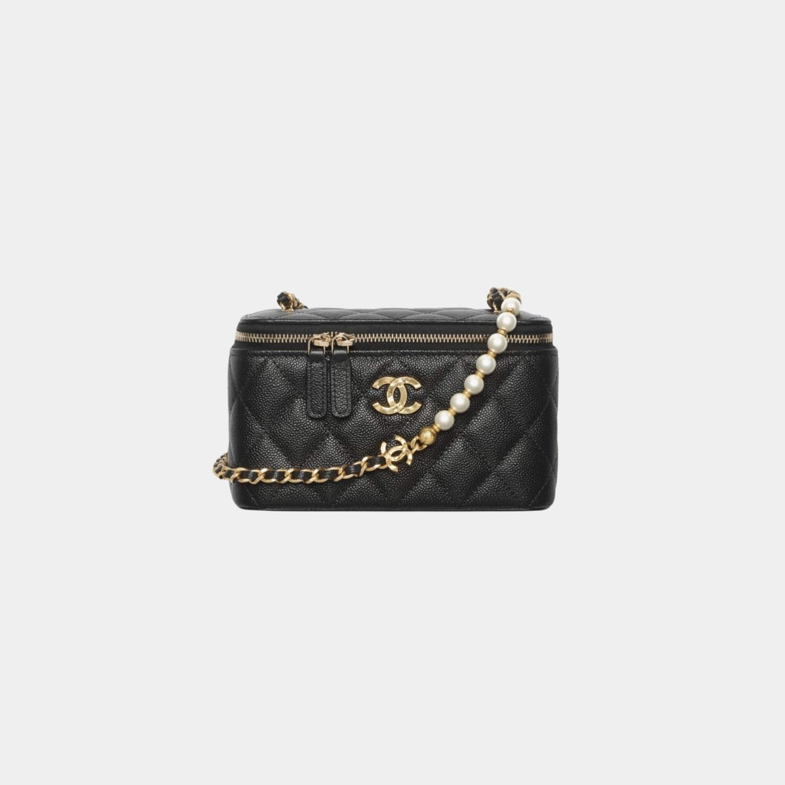 Long Vanity with Chain in Grained Calfskin with Imitation Pearl