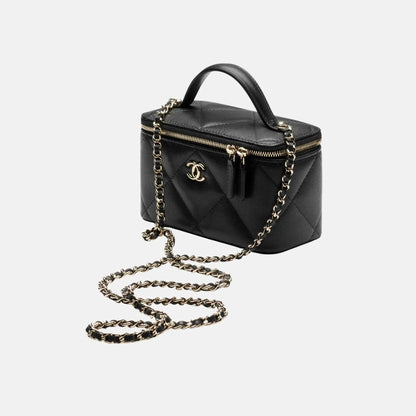 Long Vanity With Chain Grained Shiny Calfskin Gold Tone Metal Black