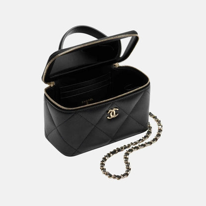 Long Vanity With Chain Grained Shiny Calfskin Gold Tone Metal Black