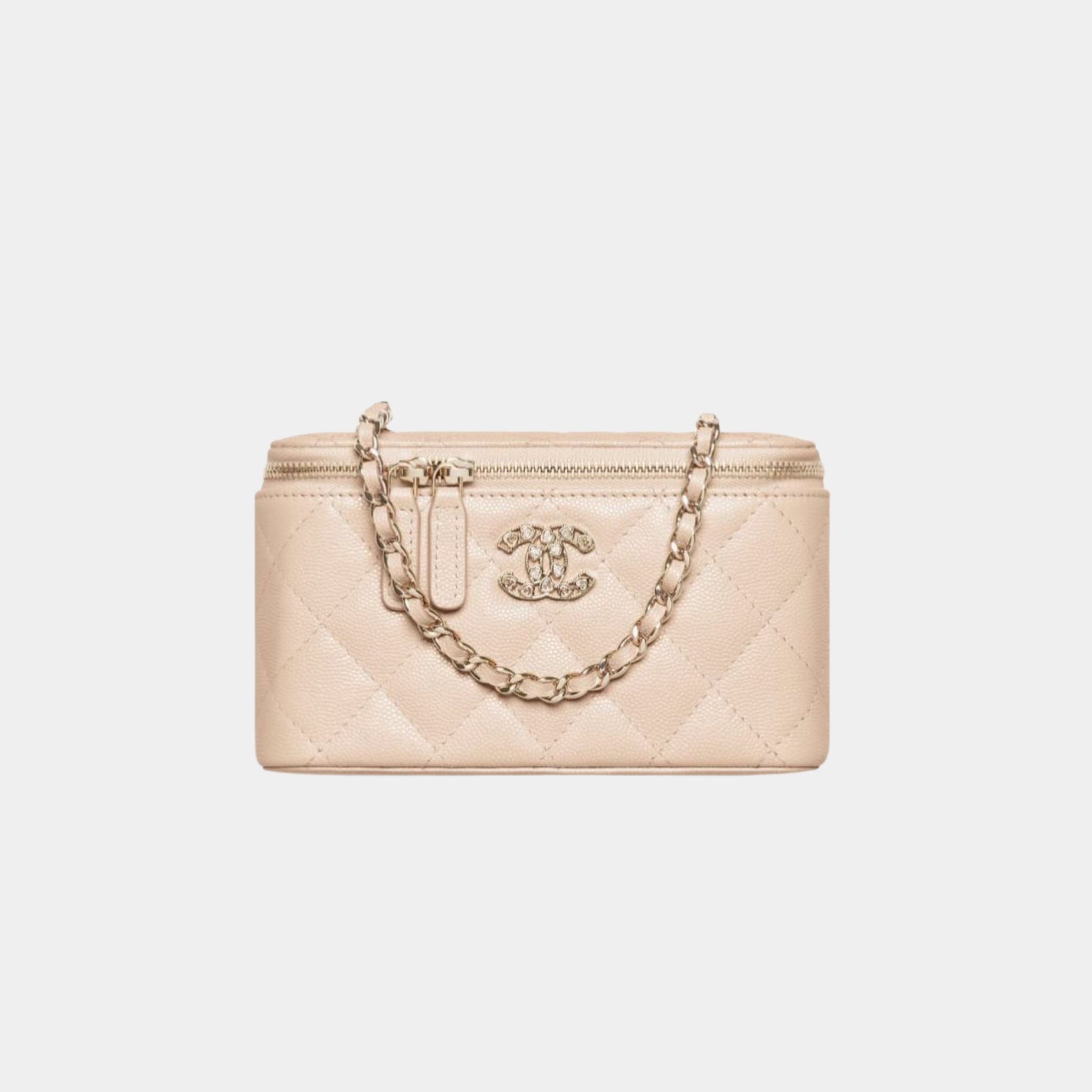 Long Vanity with Chain in Shiny Grained Calfskin and Strass