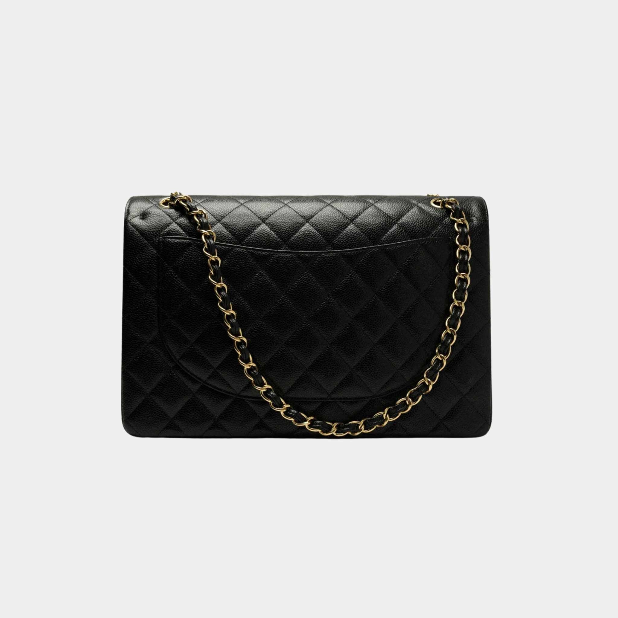 Maxi Classic Handbag Grained Calfskin Gold Tone Metal Black
