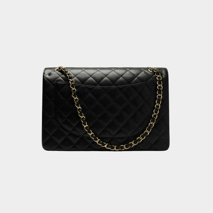 Maxi Classic Handbag Grained Calfskin Gold Tone Metal Black