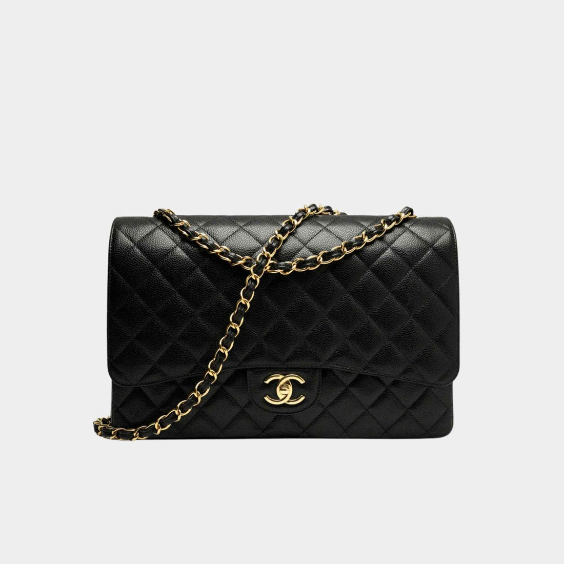 Maxi Classic Handbag Grained Calfskin Gold Tone Metal Black