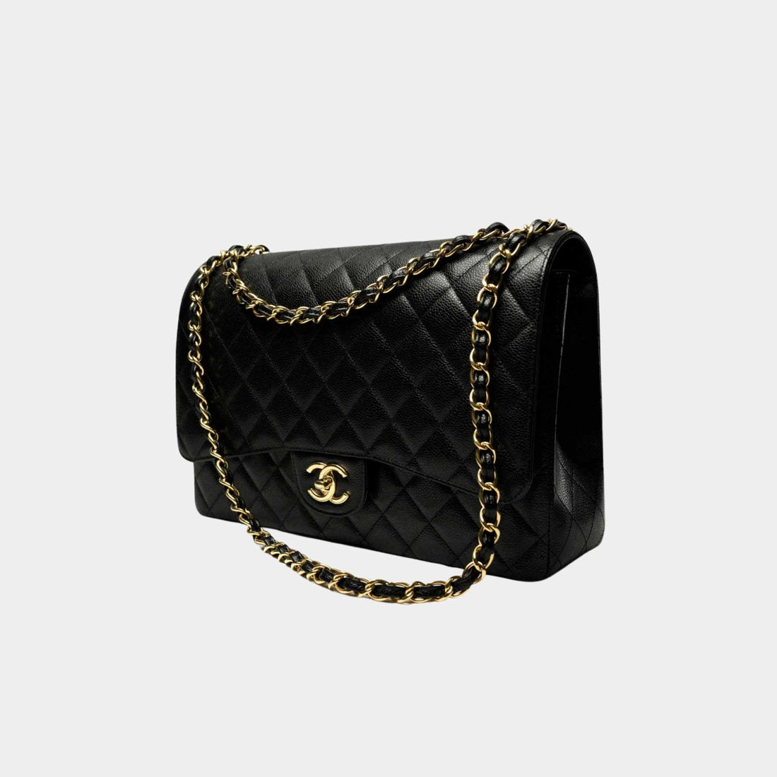 Maxi Classic Handbag Grained Calfskin Gold Tone Metal Black