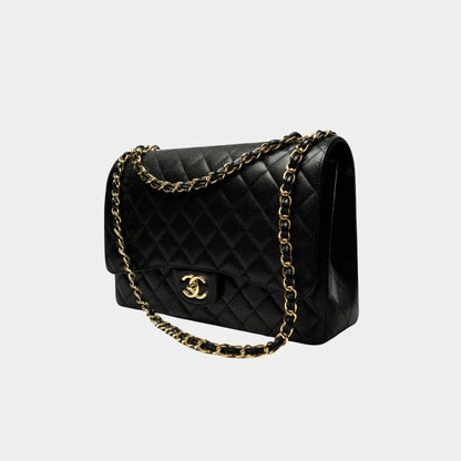 Maxi Classic Handbag Grained Calfskin Gold Tone Metal Black