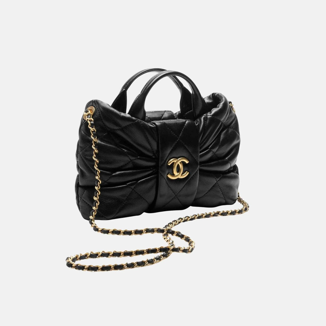 Mini Bow Bag Shiny Lambskin Black Gold Tone Metal