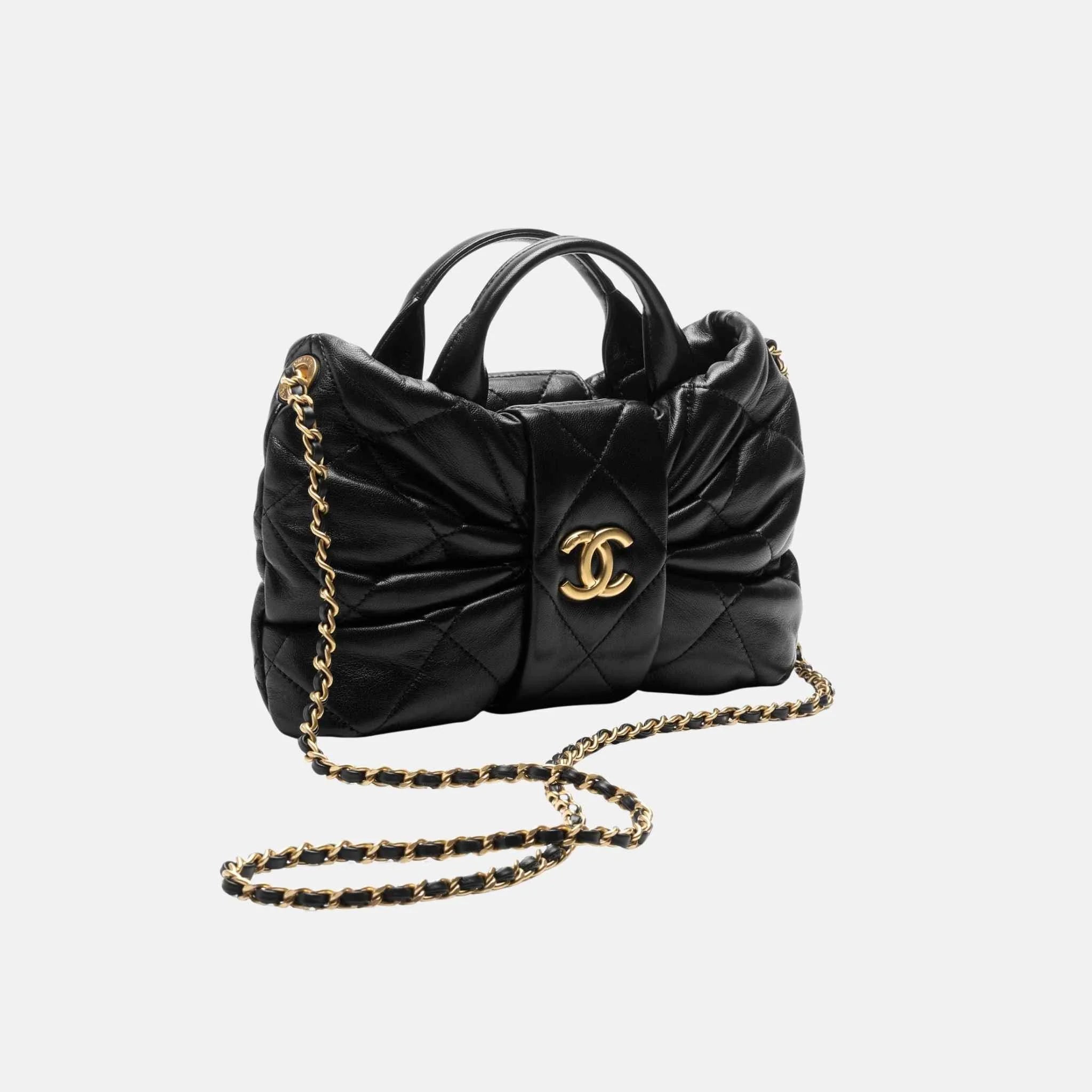 Mini Bow Bag Shiny Lambskin Black Gold Tone Metal