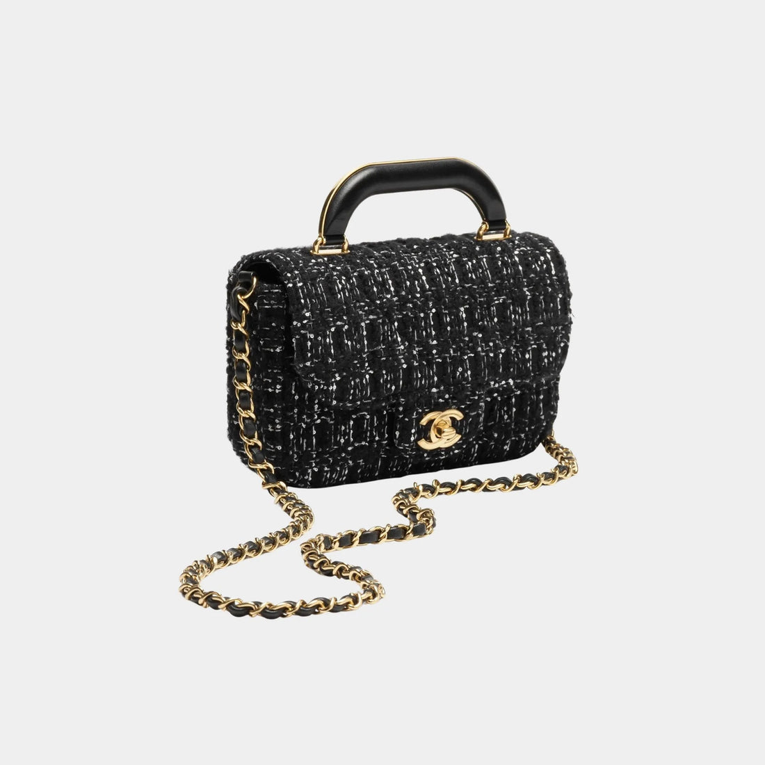 Mini flap Bag With Handle Cashmere Tweed &amp; Gold Metal Black &amp; White