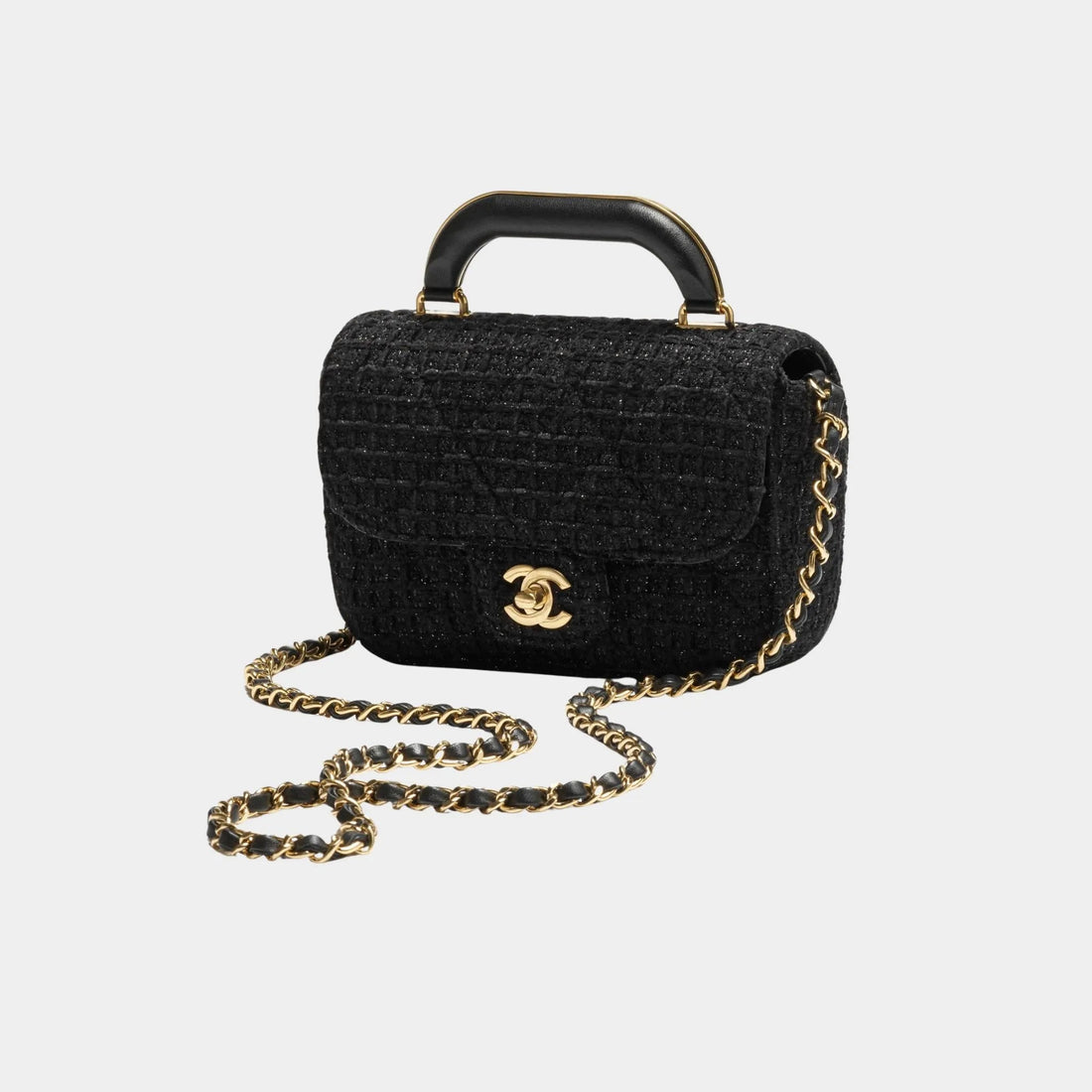 Mini Flap Bag With Handle Cotton Tweed Gold metal Black