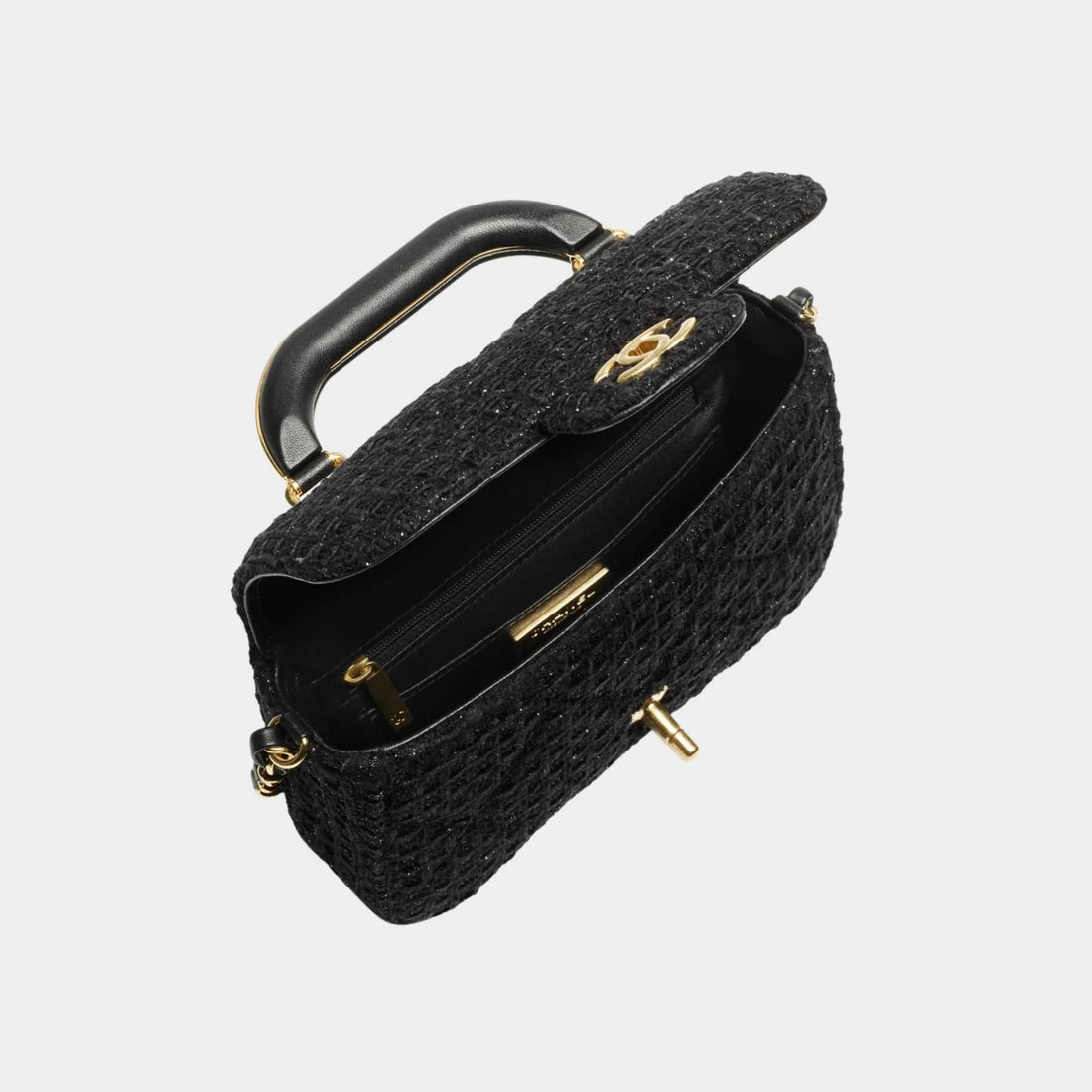 Mini Flap Bag With Handle Cotton Tweed Gold metal Black