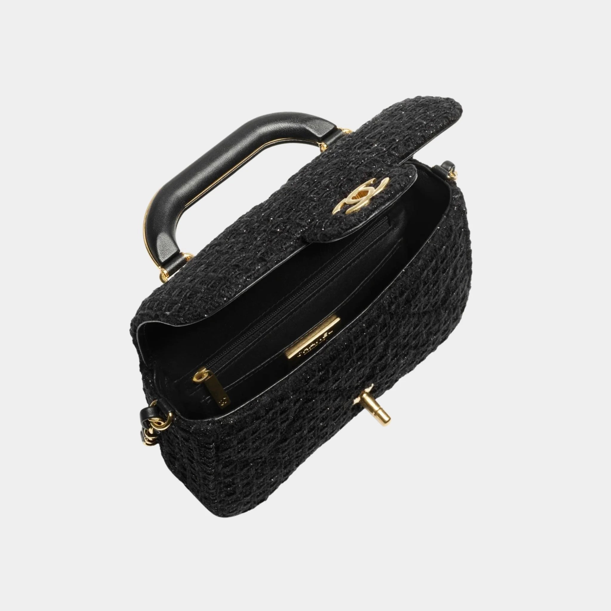 Mini Flap Bag With Handle Cotton Tweed Gold metal Black