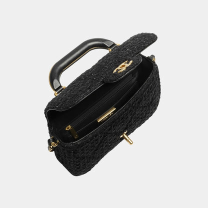Mini Flap Bag With Handle Cotton Tweed Gold metal Black