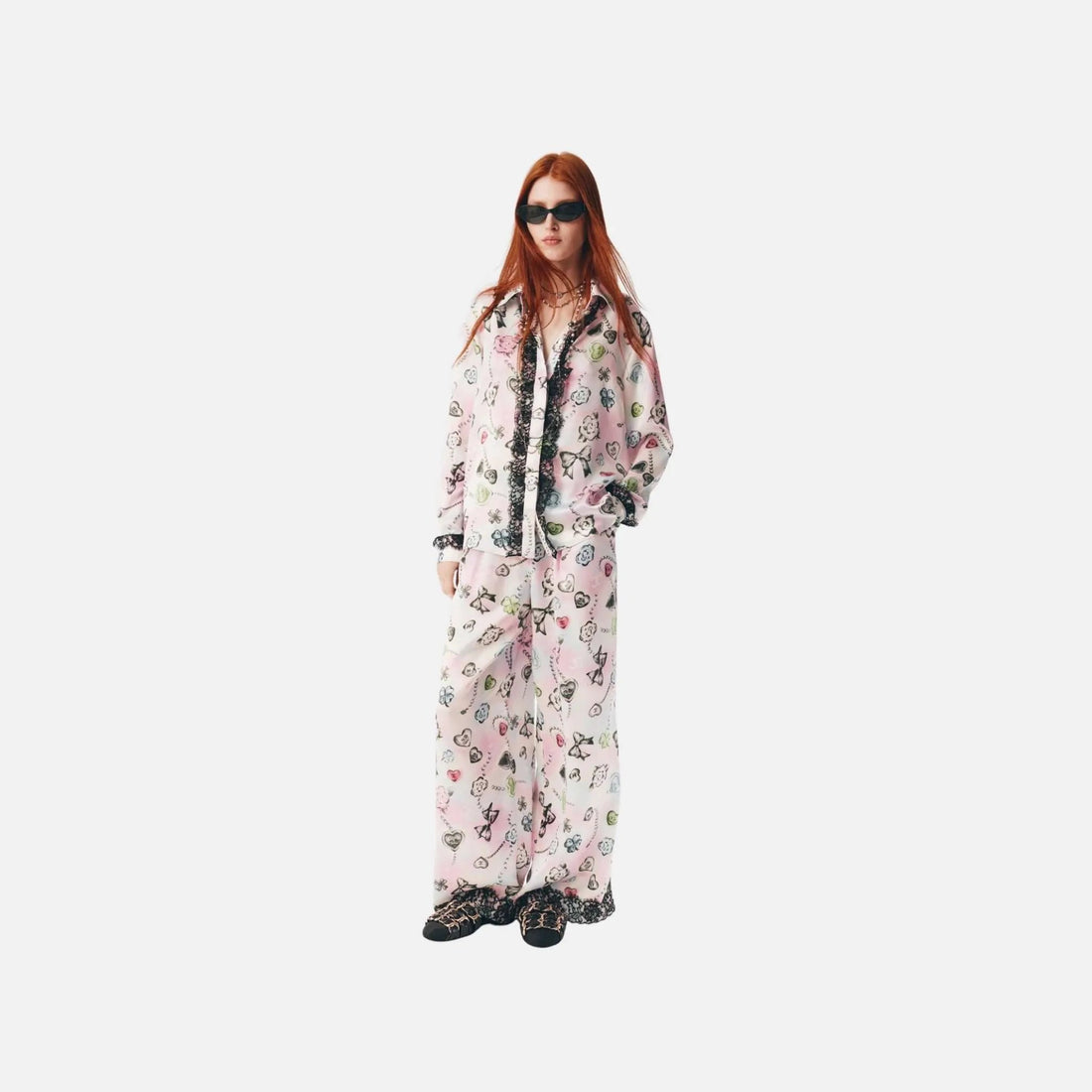 Pants in Printed Silk Satin and Lace