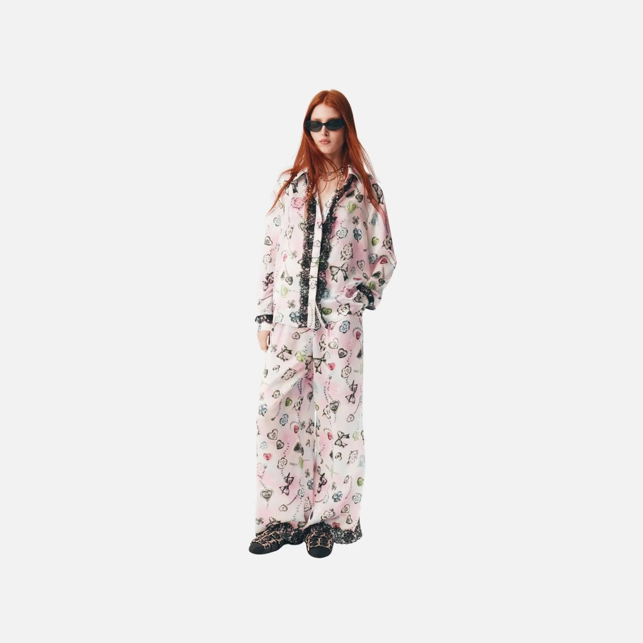 Pants in Printed Silk Satin and Lace