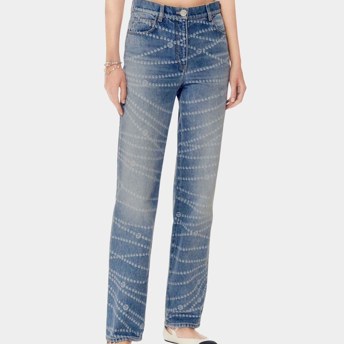 Printed Washed Blue and White Denim Jeans