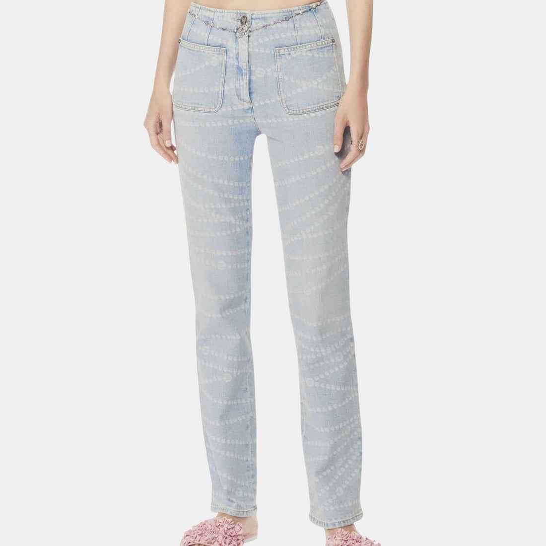 Printed Washed Light Blue and White Denim Jeans