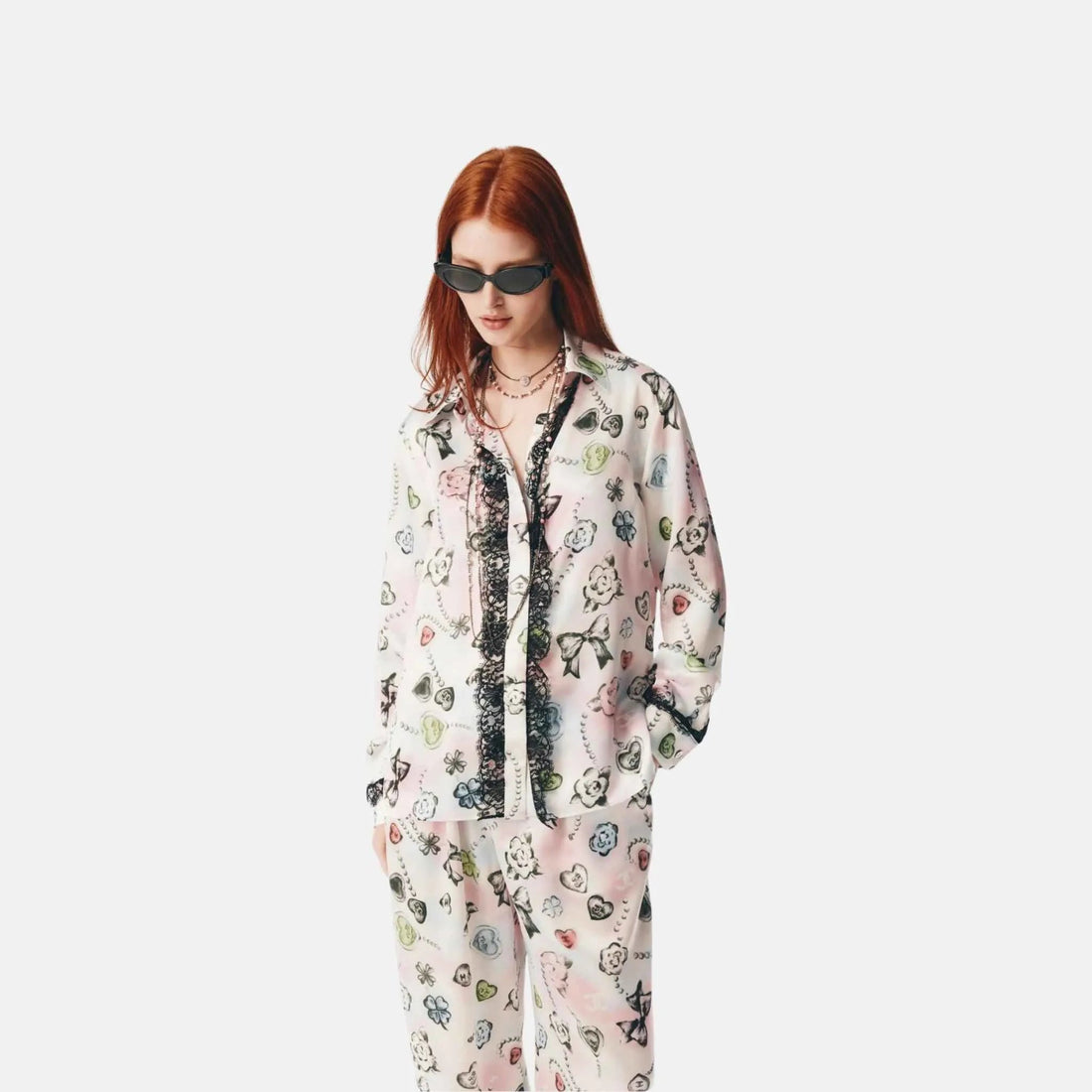 Shirt in Printed Silk Satin and Lace