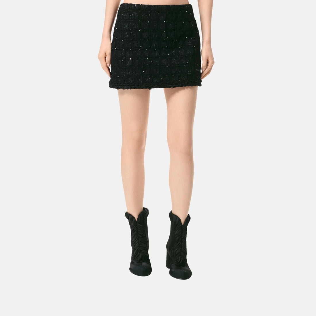 Short Skirt Sequin Embroidered Iridescent Woollen Tweed And Tulle