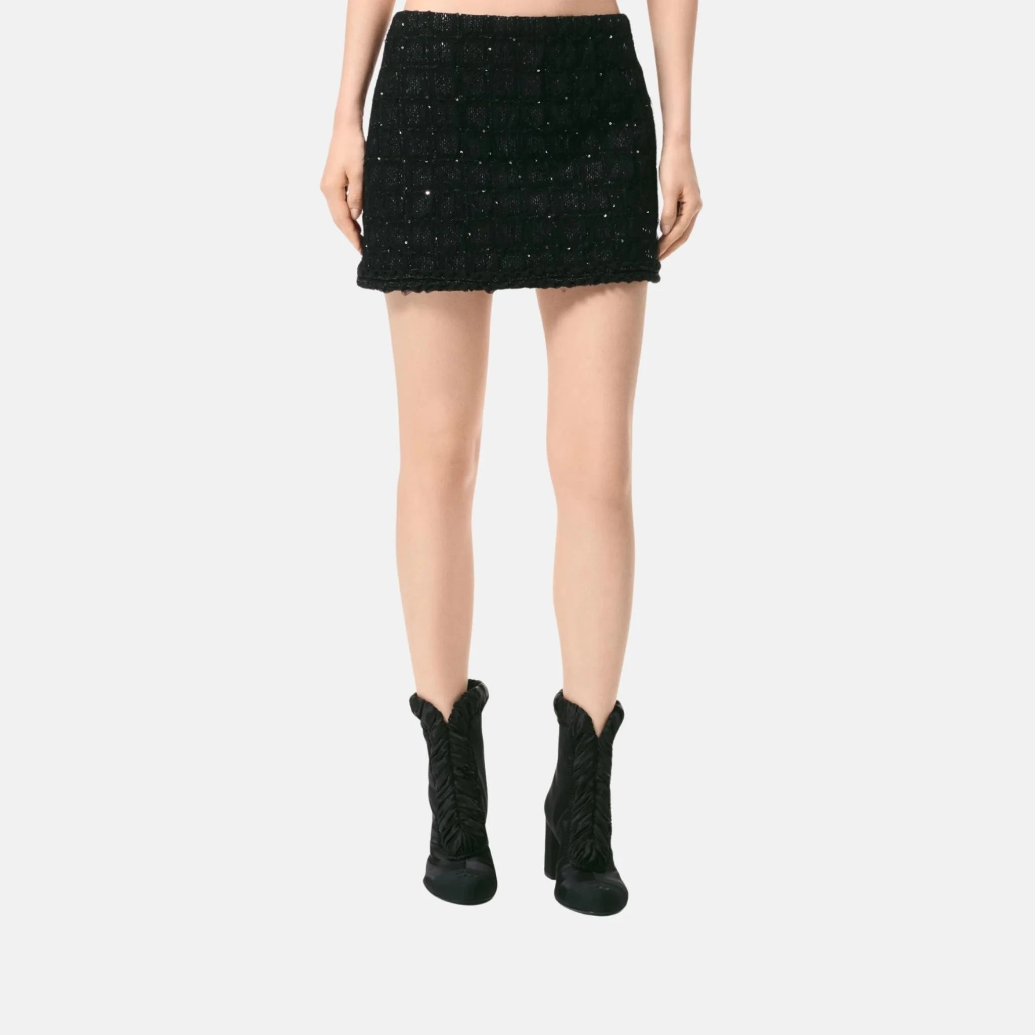 Short Skirt Sequin Embroidered Iridescent Woollen Tweed And Tulle