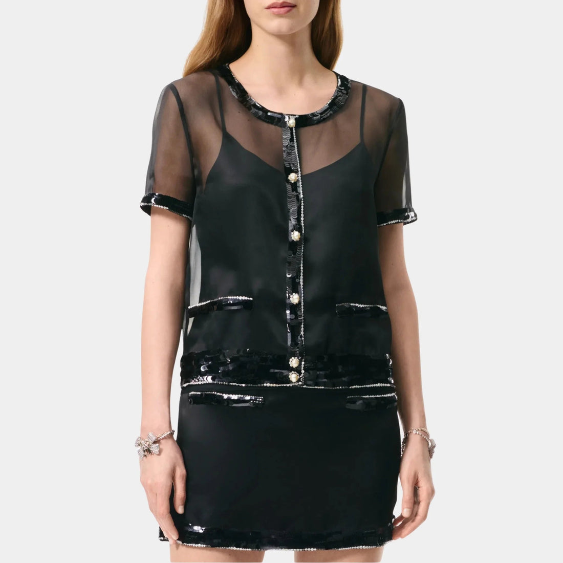 Short Sleeve Top Silk Organza Embroidered with Sequins