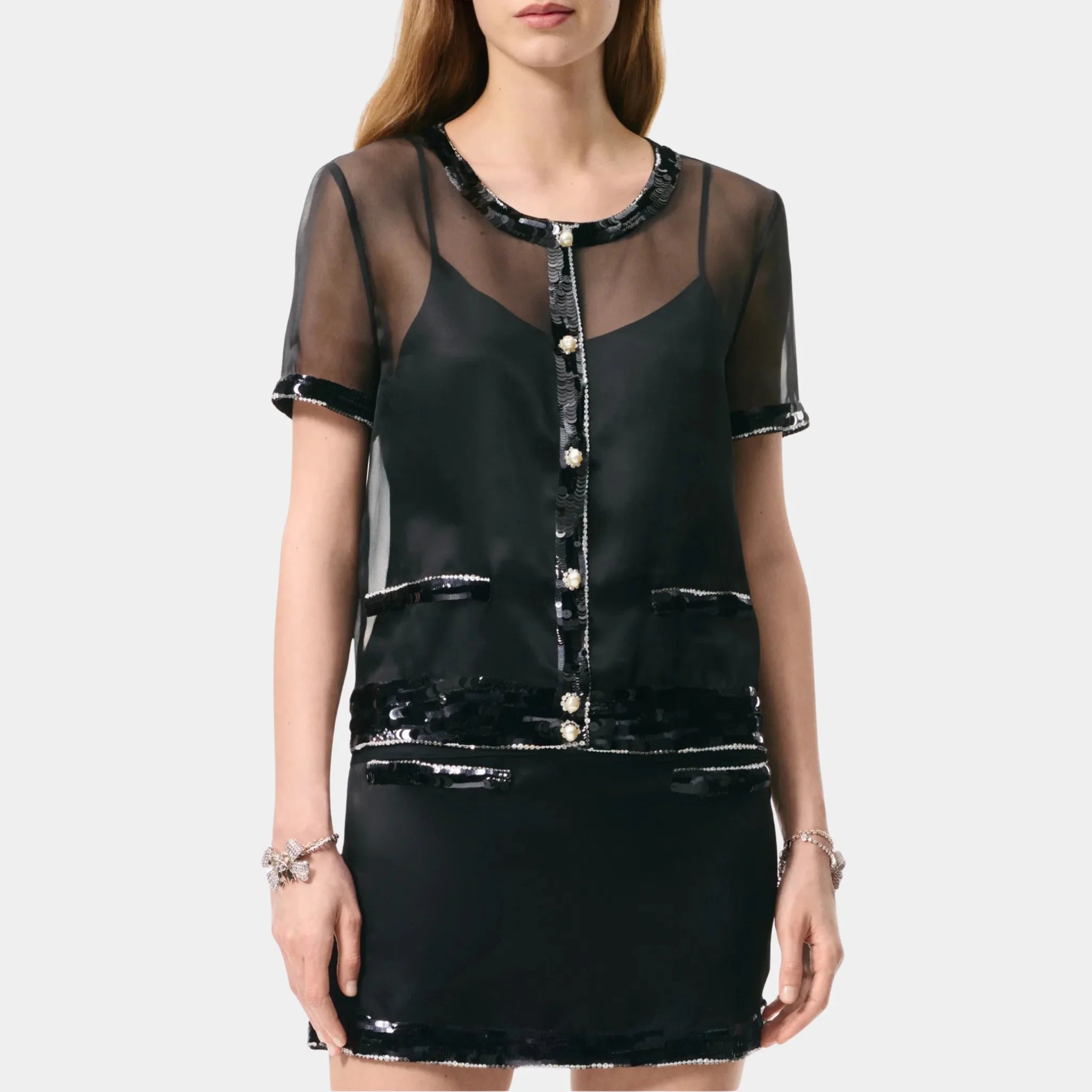 Short Sleeve Top Silk Organza Embroidered with Sequins