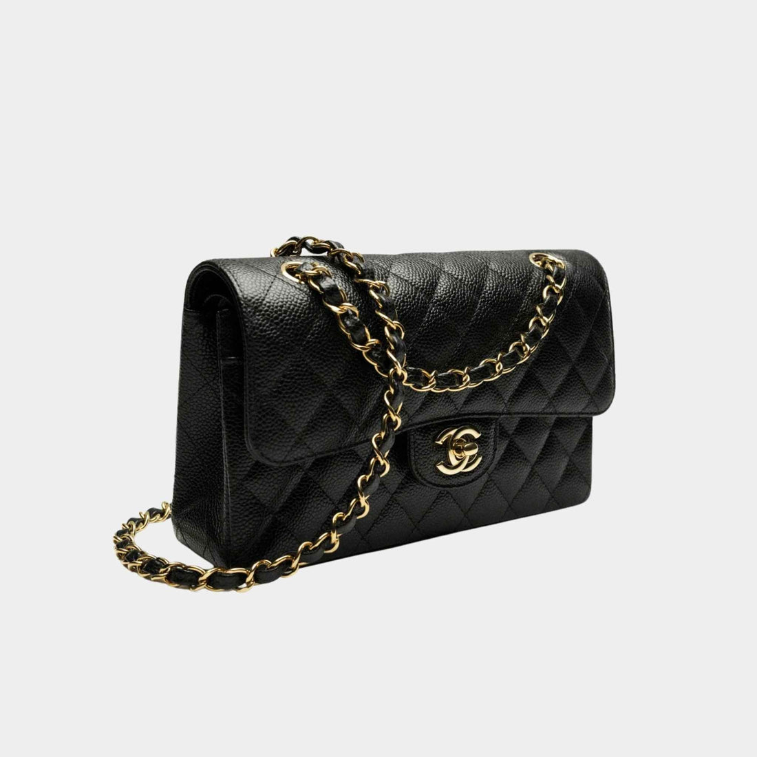Small Classic Handbag Grained Calfskin Gold Tone Metal Black