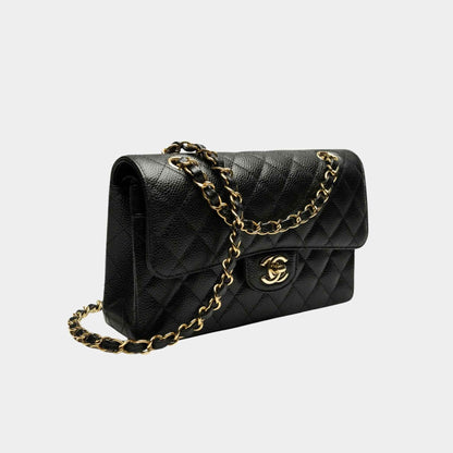 Small Classic Handbag Grained Calfskin Gold Tone Metal Black