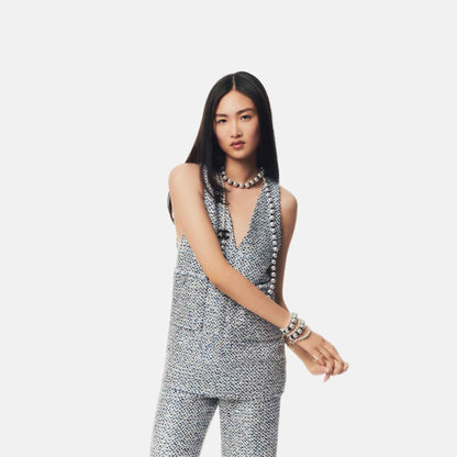 Top Glittered Tweed And Imitation Pearls White Blue And Black