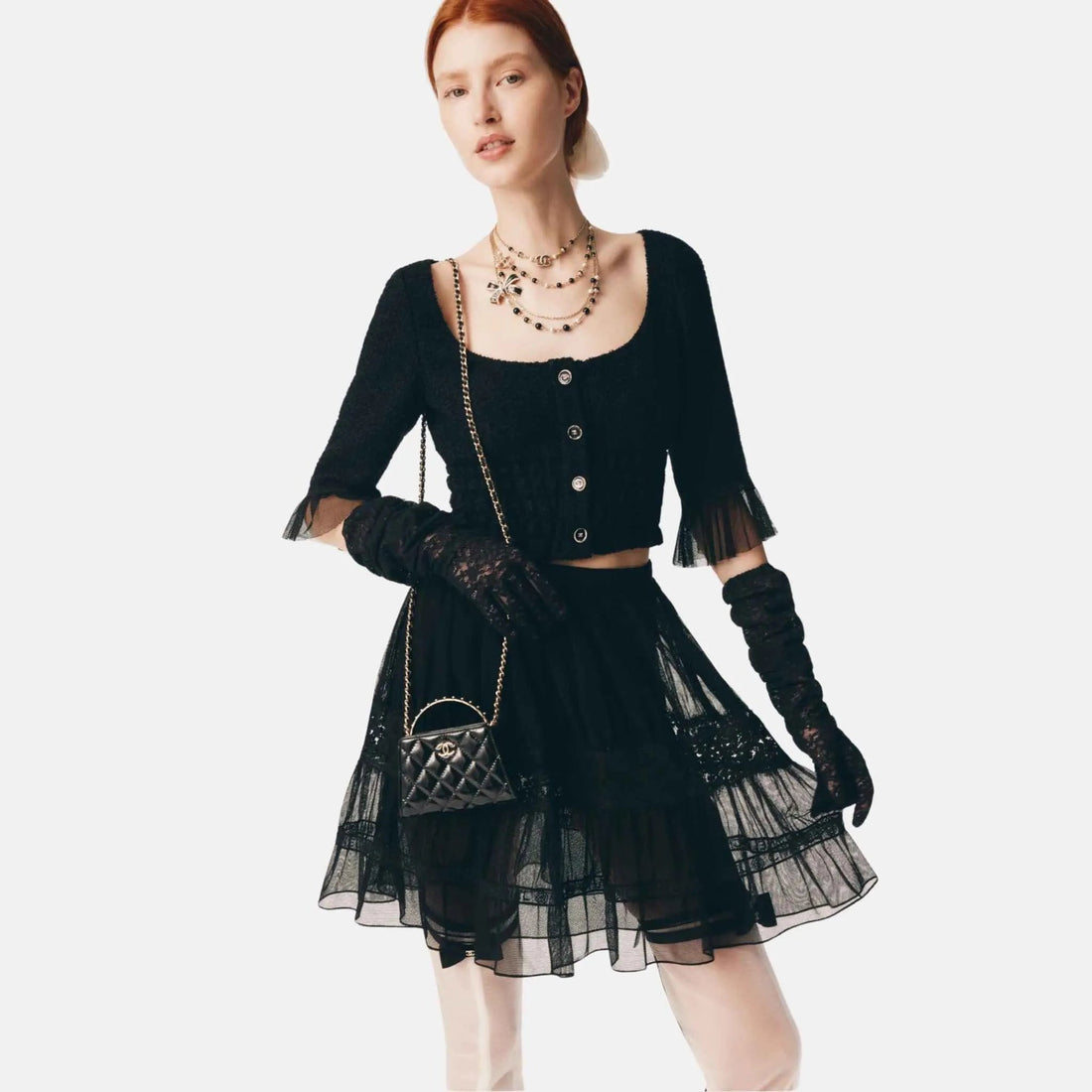 Top in Iridescent Wool Tweed and Cotton Tulle