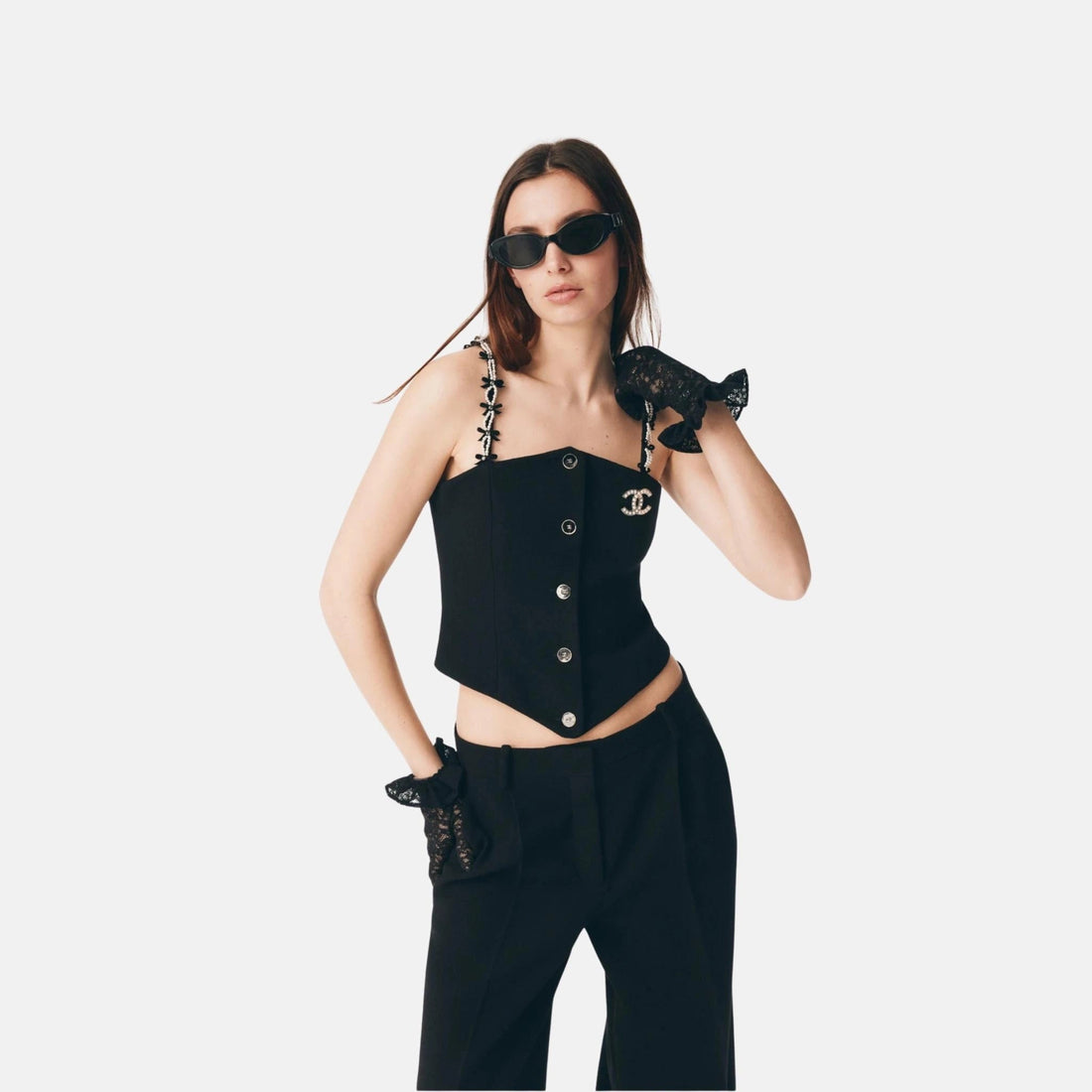 Top in Wool Crepe with Imitation Pearls