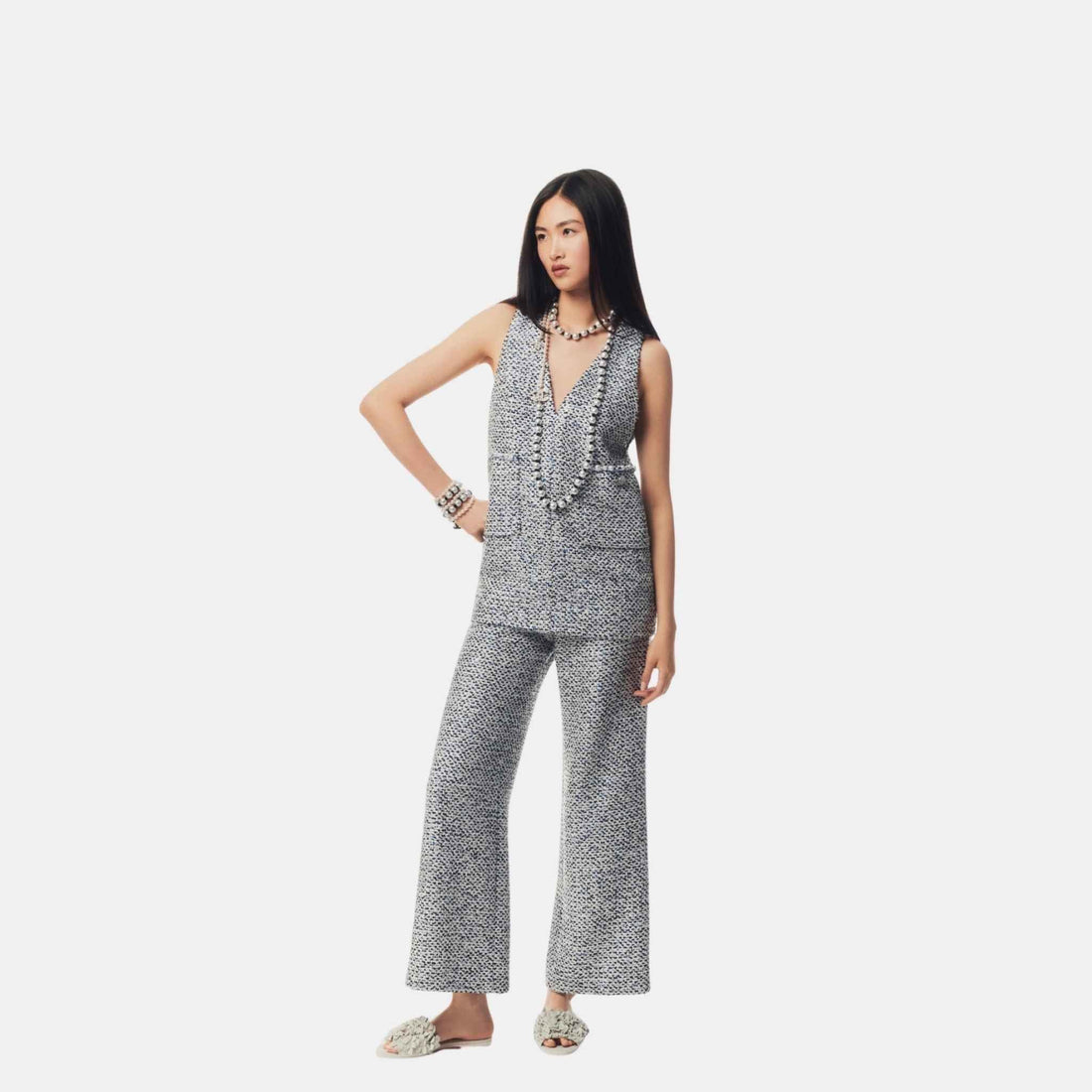 Trousers Glittered Tweed White Blue And Black