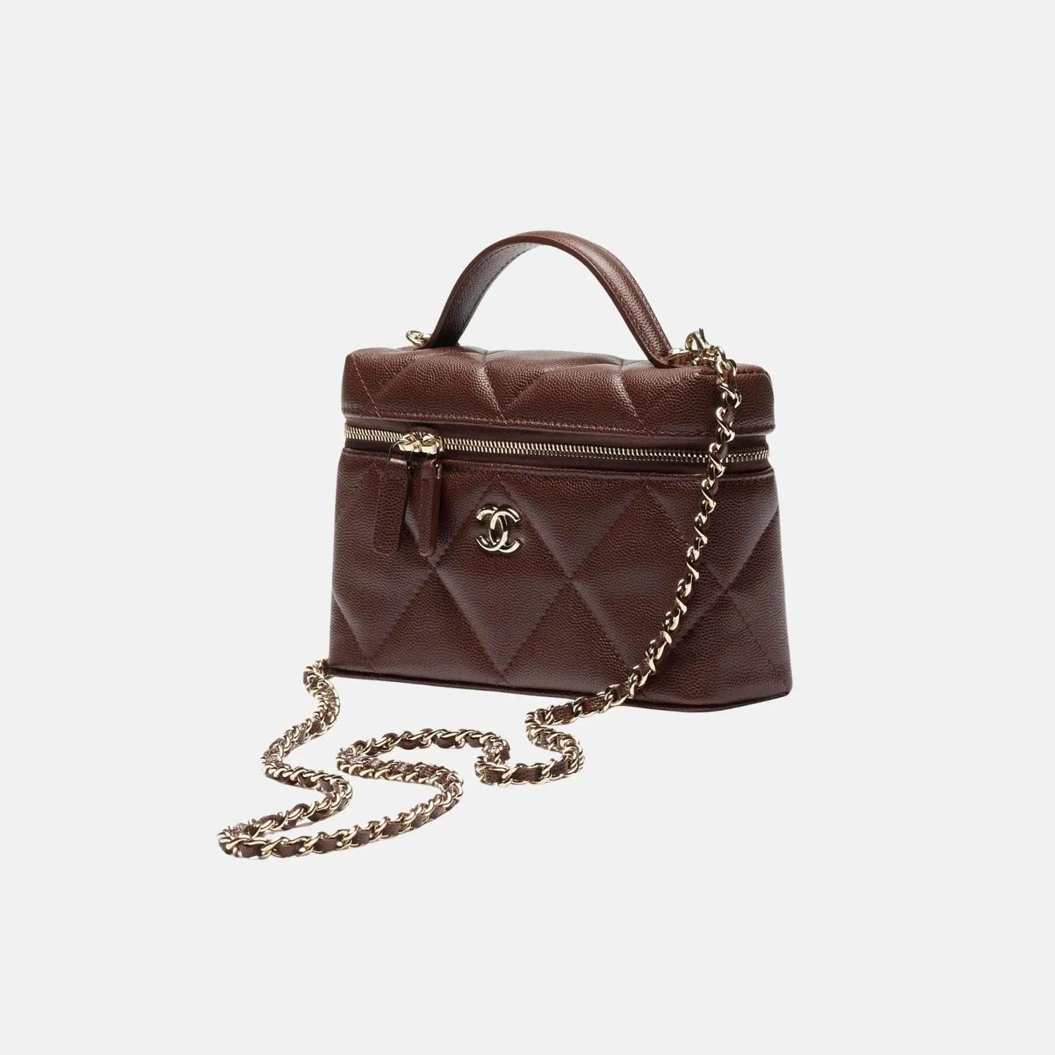 Vanity With Chain Grained Shiny Calfskin Dark Brown Gold Tone Metal