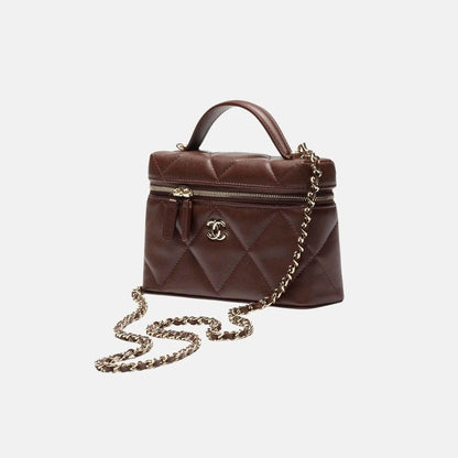 Vanity With Chain Grained Shiny Calfskin Dark Brown Gold Tone Metal