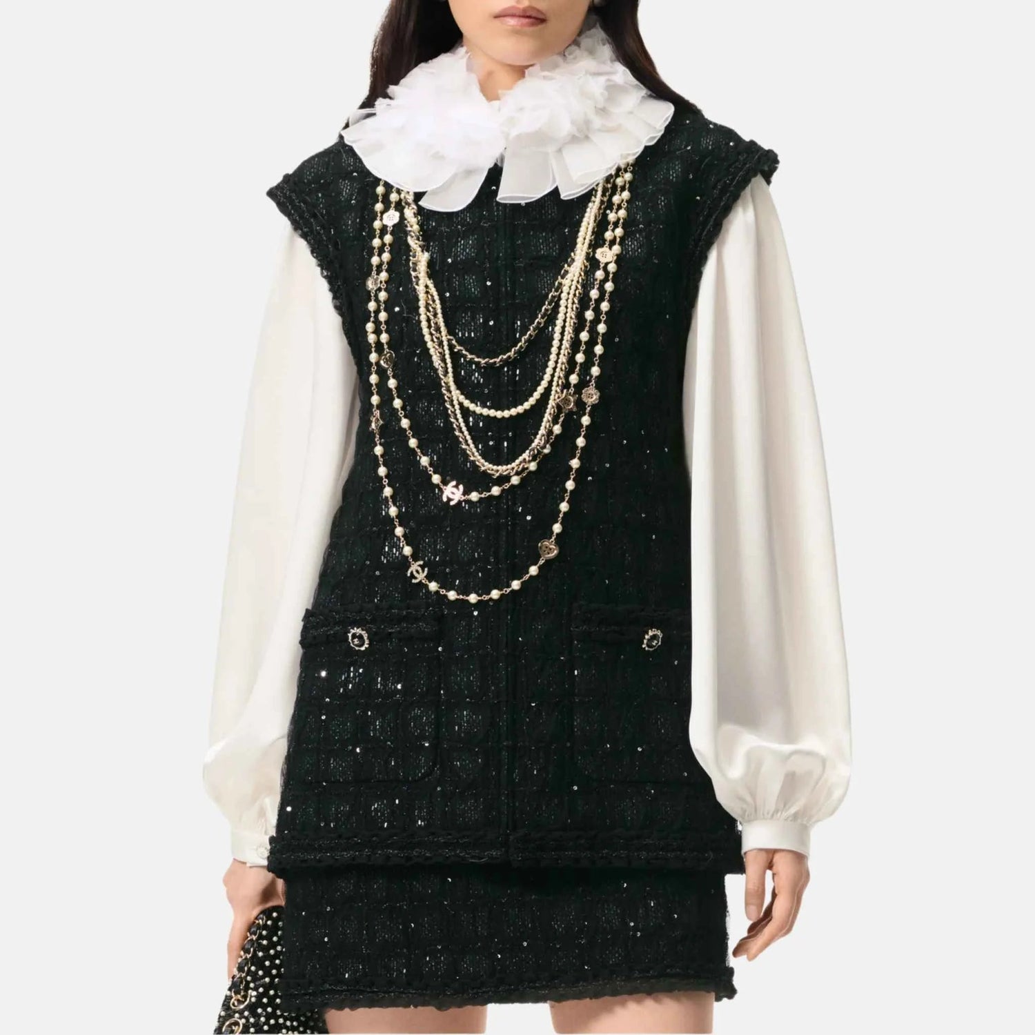 Vest Sequin Embroidered Iridescent Woollen Tweed And Tulle