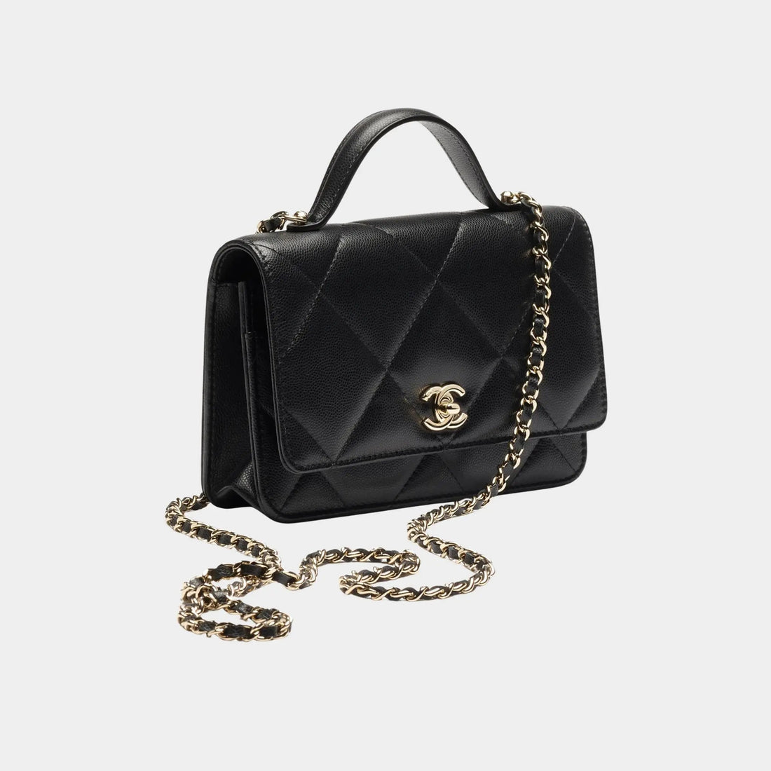 Wallet On Chain Shiny Grained Calfskin &amp; Gold Metal Black
