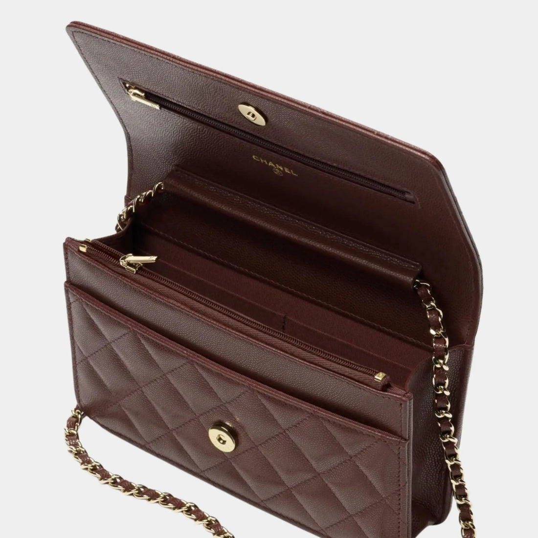 Wallet On chain Shiny Grained Calfskin Rhinestones &amp; Gold Metal Dark Brown