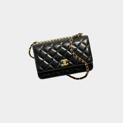 Wallet On Chain Shiny Lambskin Pearls Gold Tone Metal Black