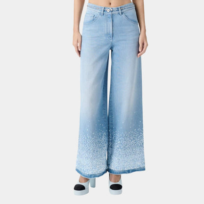 Washed Blue Denim Jeans Embroidered with Sequins