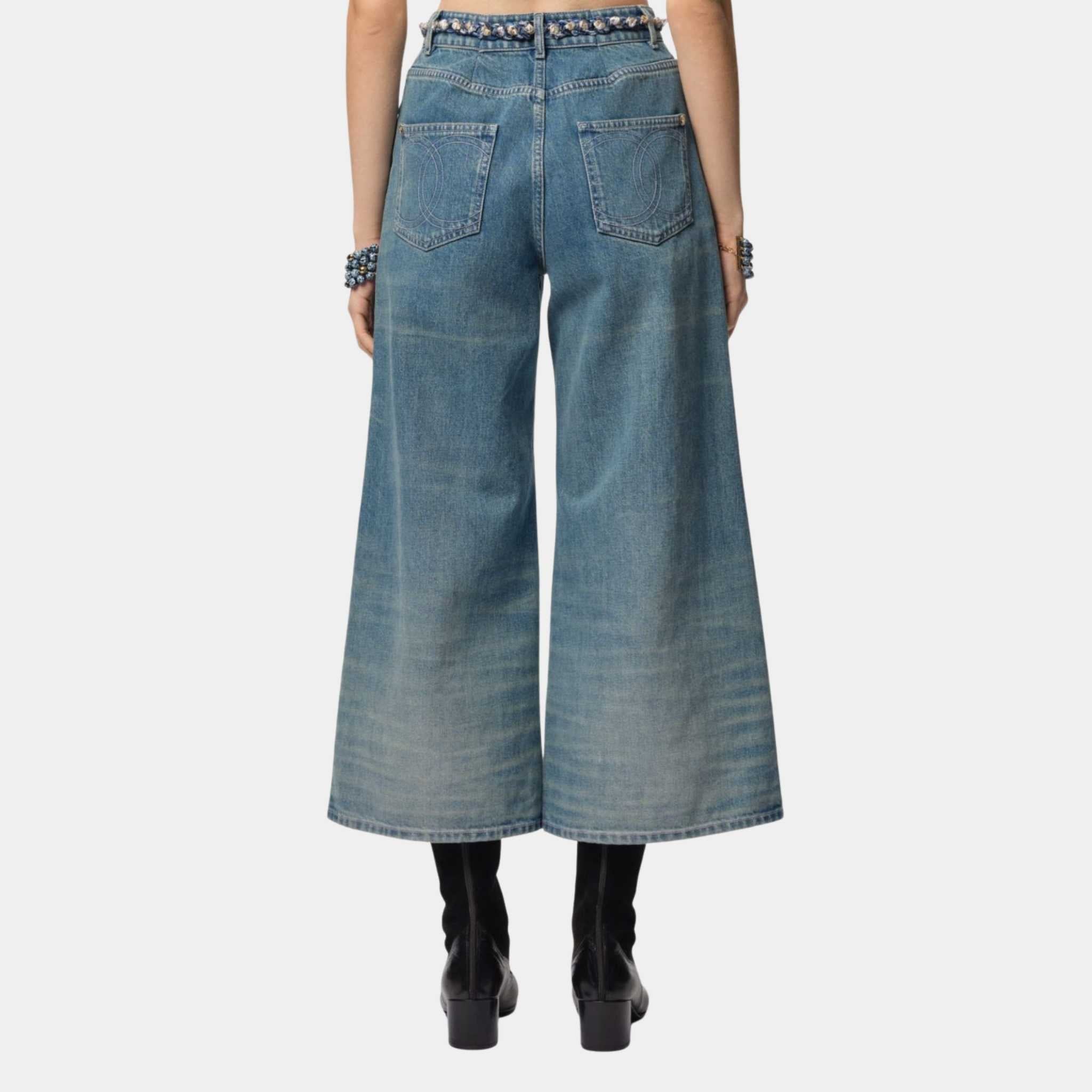 Washed Out Blue Denim Wide-Leg Cropped Jeans