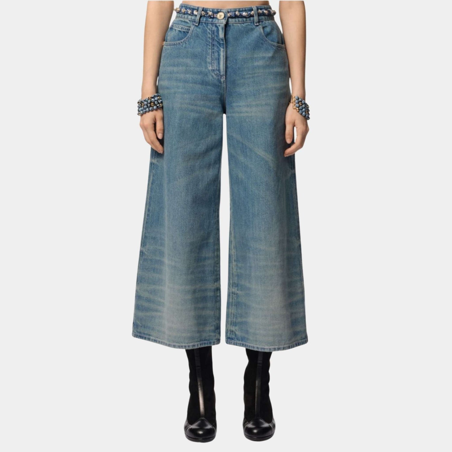 Washed Out Blue Denim Wide-Leg Cropped Jeans