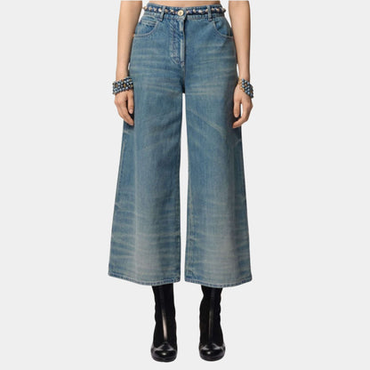Washed Out Blue Denim Wide-Leg Cropped Jeans