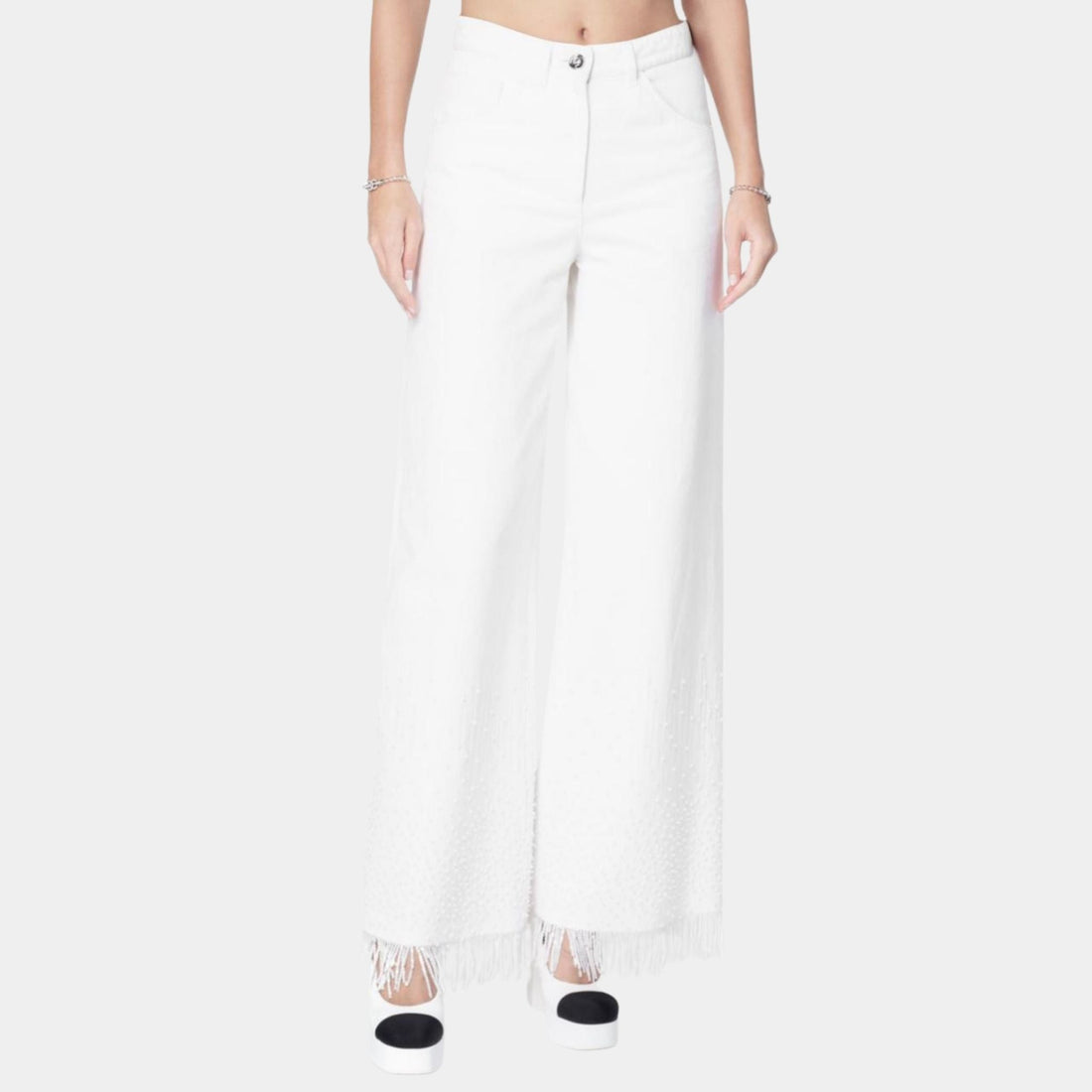 White Denim Jeans Embroidered with Beads