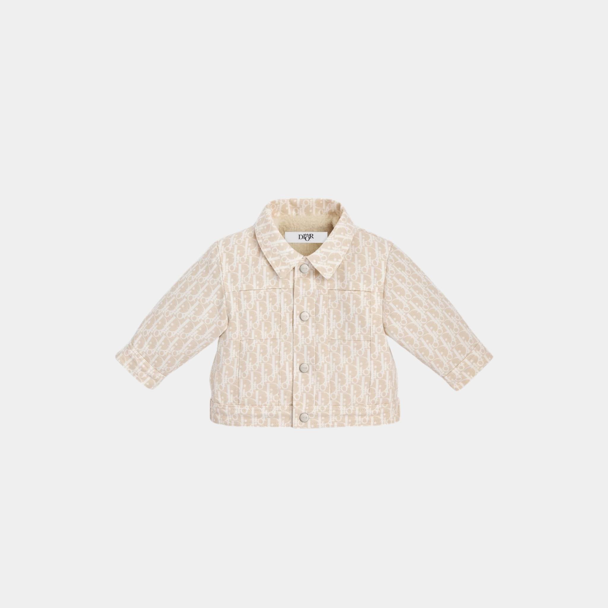 Baby Jacket Beige Basket Weave Cotton with Ivory Dior Oblique Motif