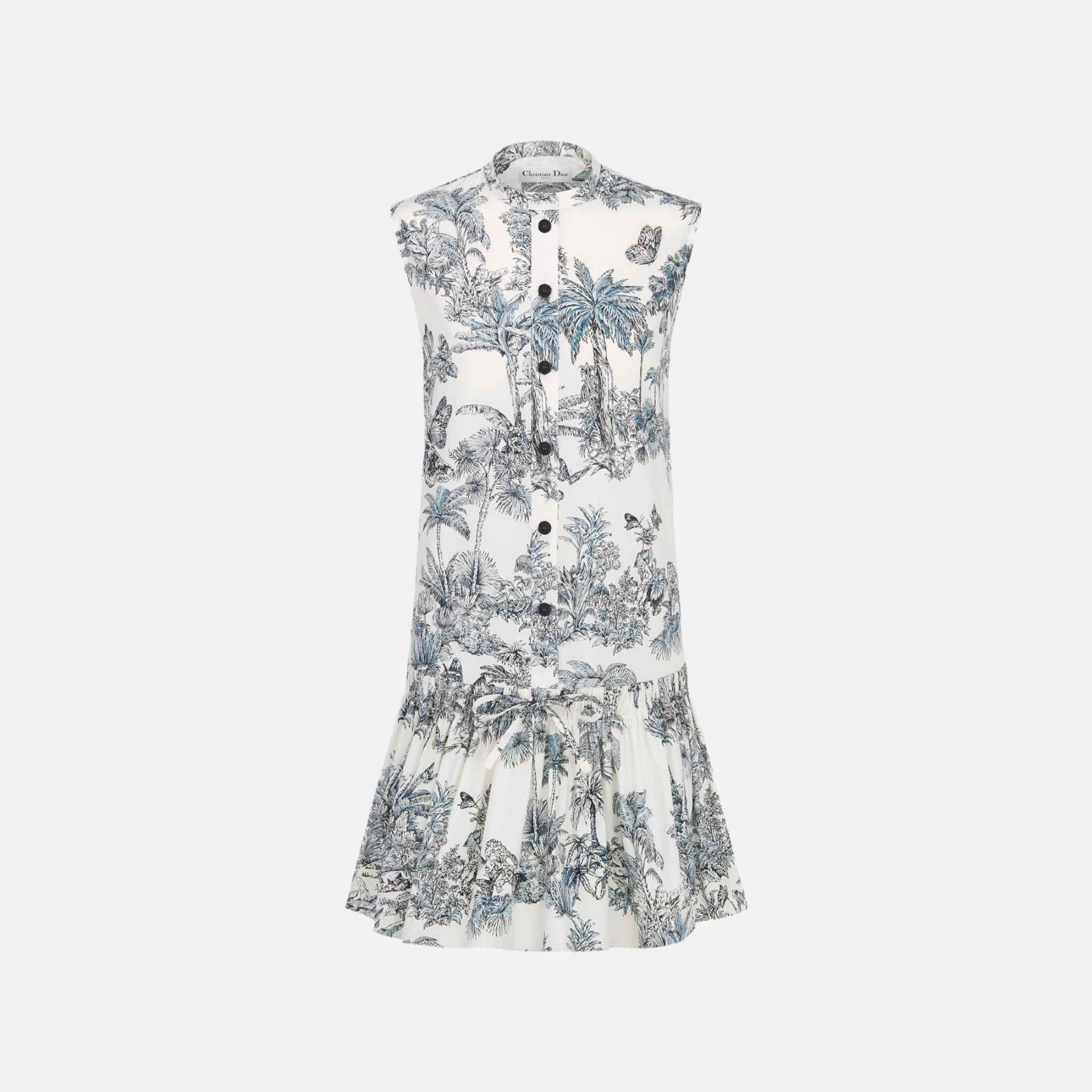 Dioriviera Straight Ruffled Dress In Toile De Jouy Cotton Silk
