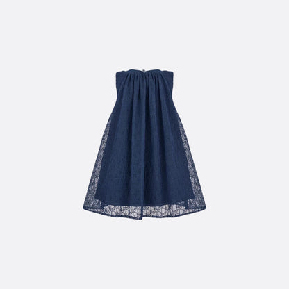 Kids Flared Dress Navy Blue Embroidered Tulle with Dior Oblique Pearls Motif