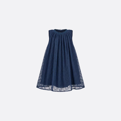 Kids Flared Dress Navy Blue Embroidered Tulle with Dior Oblique Pearls Motif